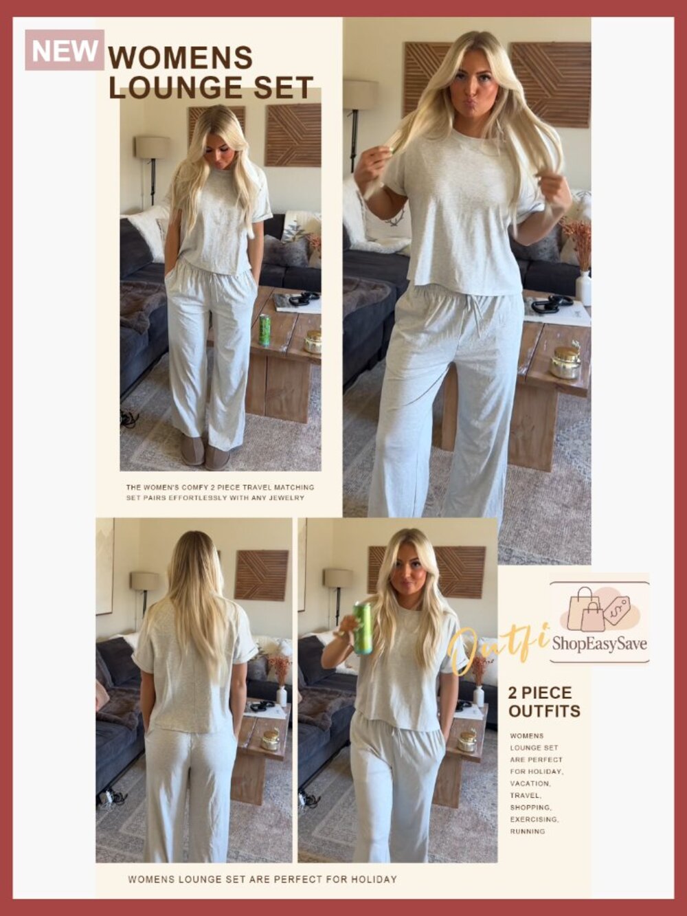 Womens Lounge Set 2 Piece Outfits Casual Loose Fit Short Sleeve Top Wide Leg - Picture 5 of 7